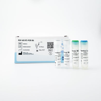 RSV A/B RT-PCR kit with test tubes on a white background