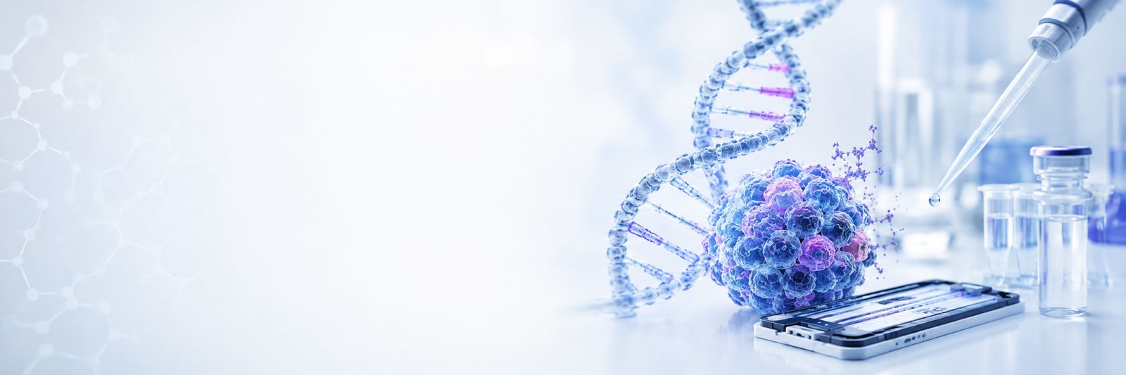 Molecular oncology illustration of tumor cells and circulating material
