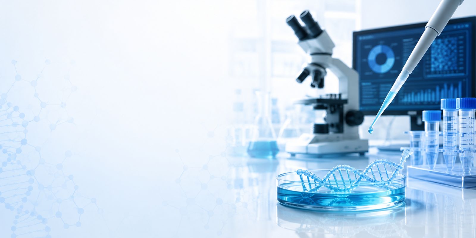 Microscope, DNA helix, cell-culture dishes, and molecular research materials in a laboratory