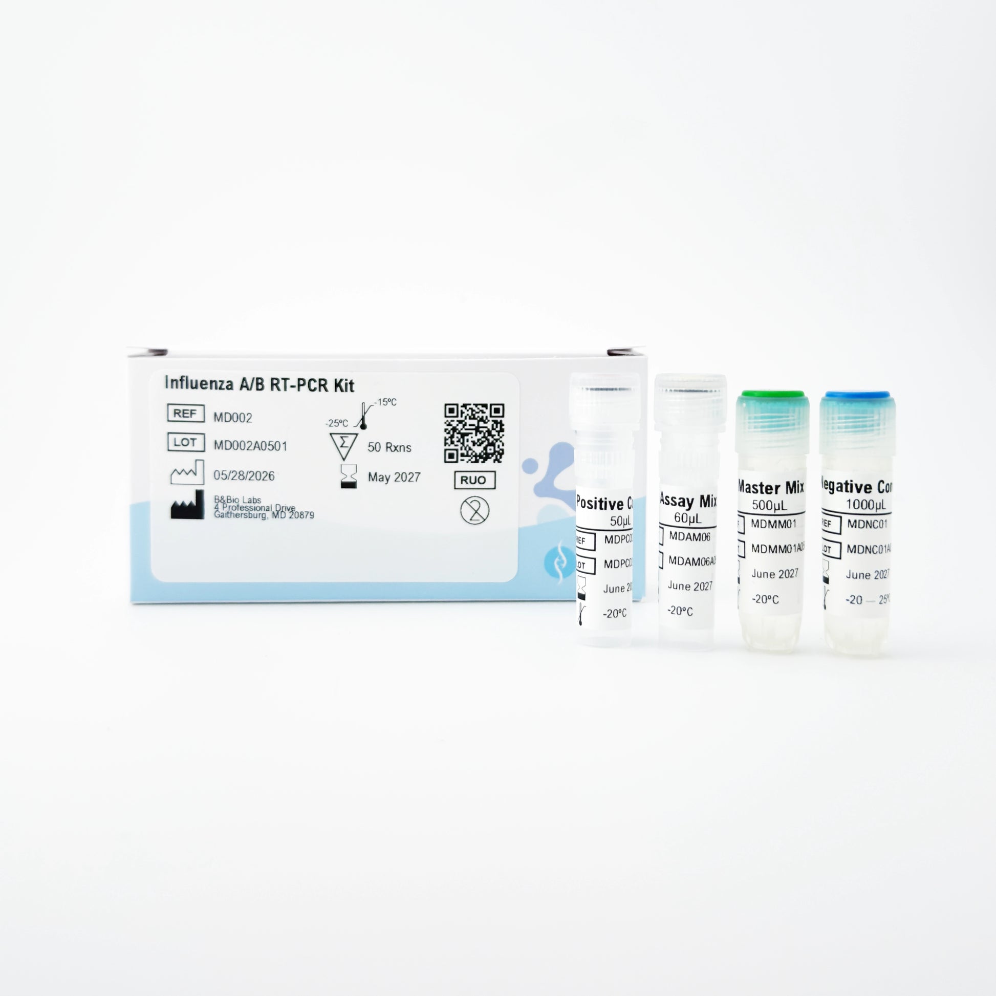 Influenza A/B RT-PCR kit with two vials on a white background