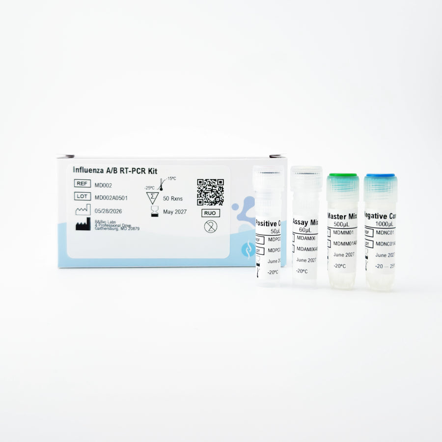 Influenza A/B RT-PCR kit with two vials on a white background