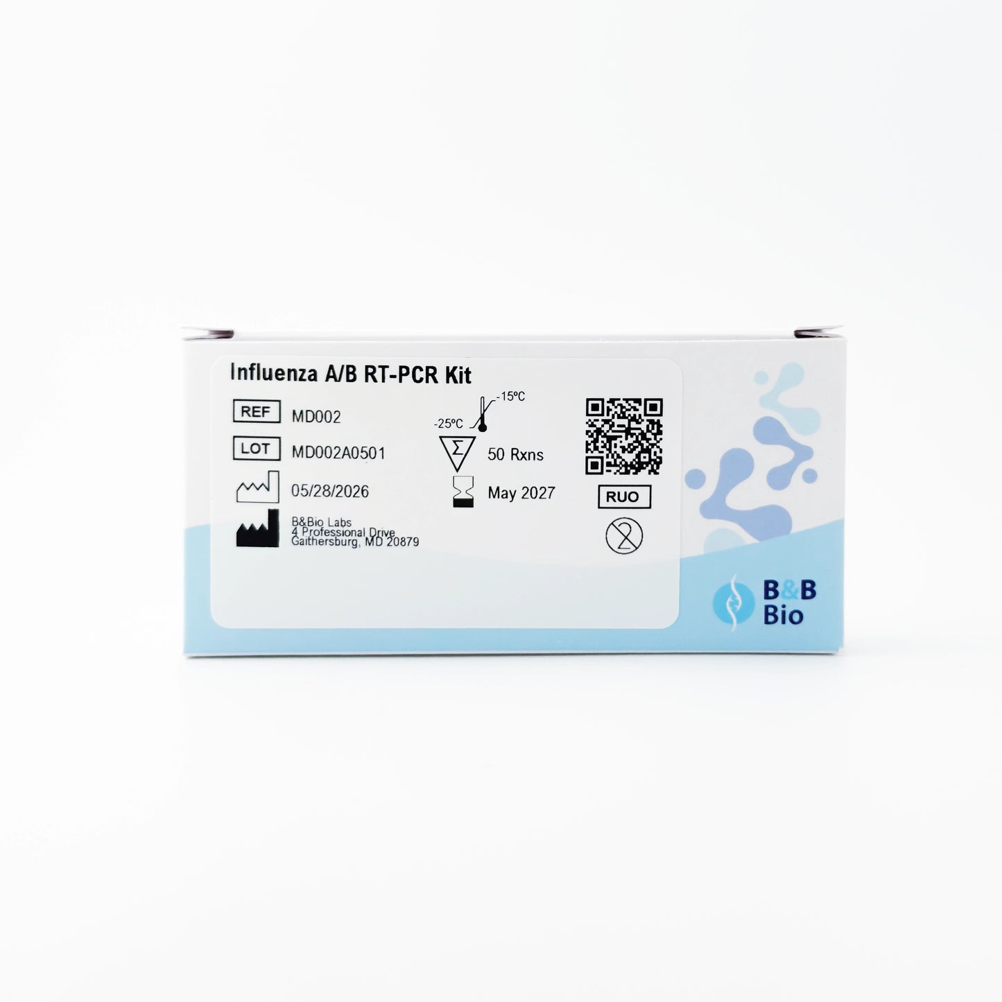 Influenza A/B RT-PCR Kit packaging with B&B Bio branding on a white background