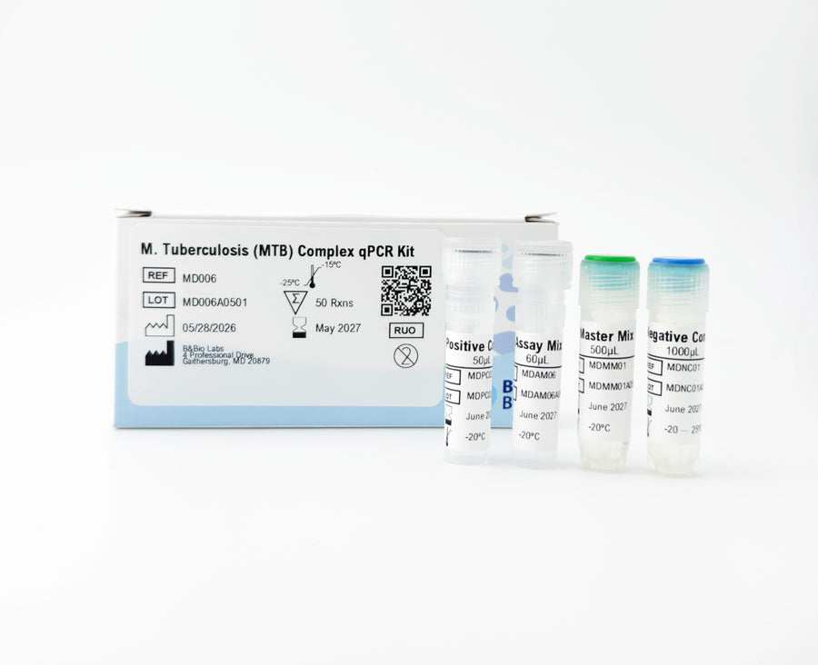 M. Tuberculosis (MTB) Complex qPCR Kit with test tubes on a white background