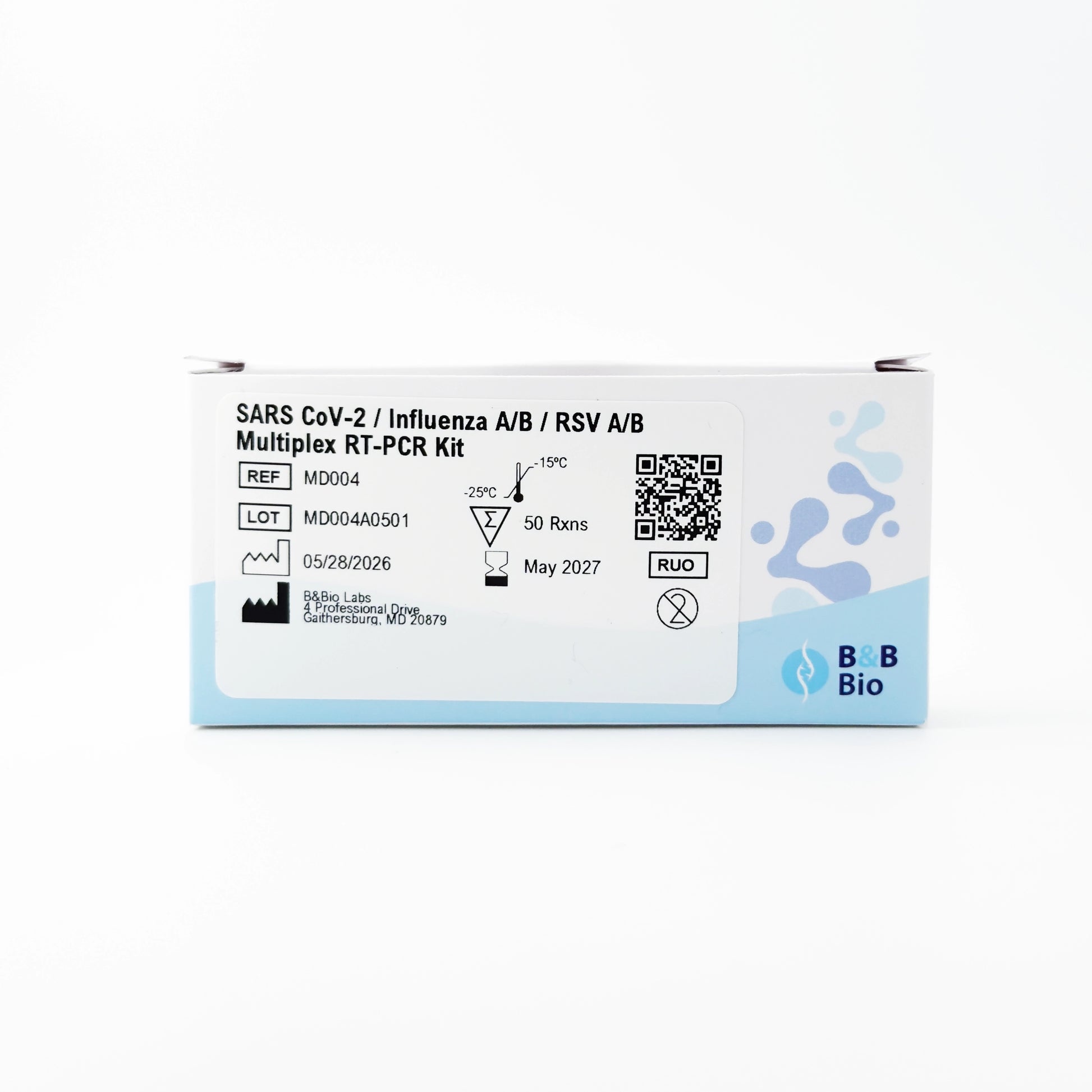 SARS CoV-2 / Influenza A/B / RSV A/B Multiplex RT-PCR Kit packaging with B & B Bio branding on a white background.