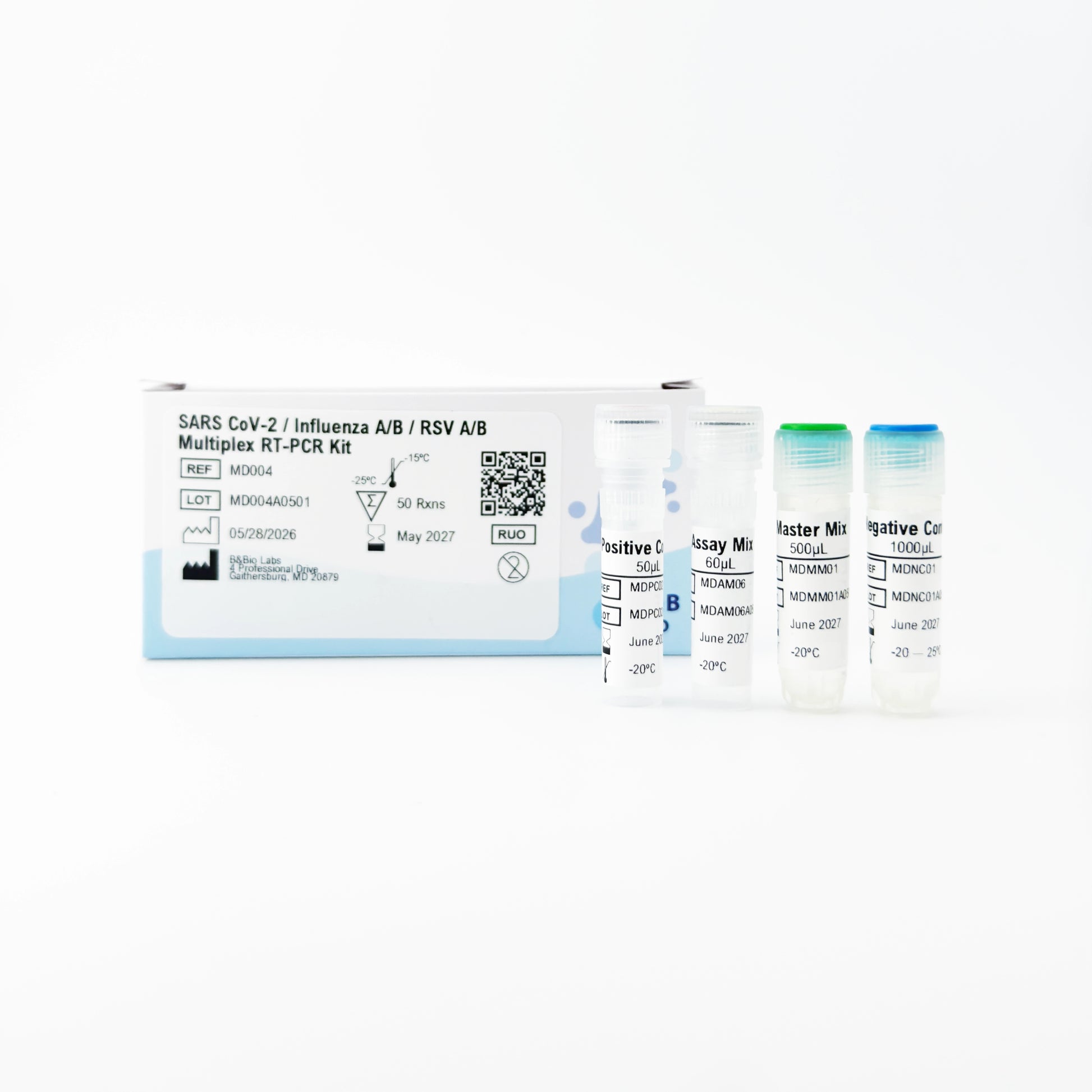 SARS-CoV-2, Influenza A/B, RSV A/B Multiplex RT-PCR Kit with vials on a white background