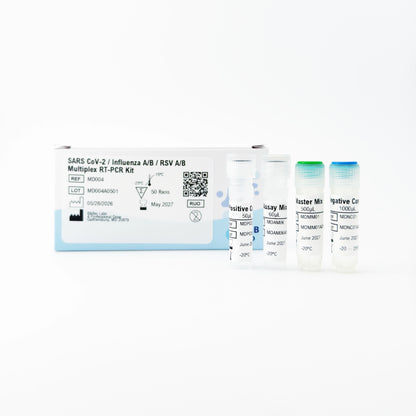 SARS-CoV-2, Influenza A/B, RSV A/B Multiplex RT-PCR Kit with vials on a white background