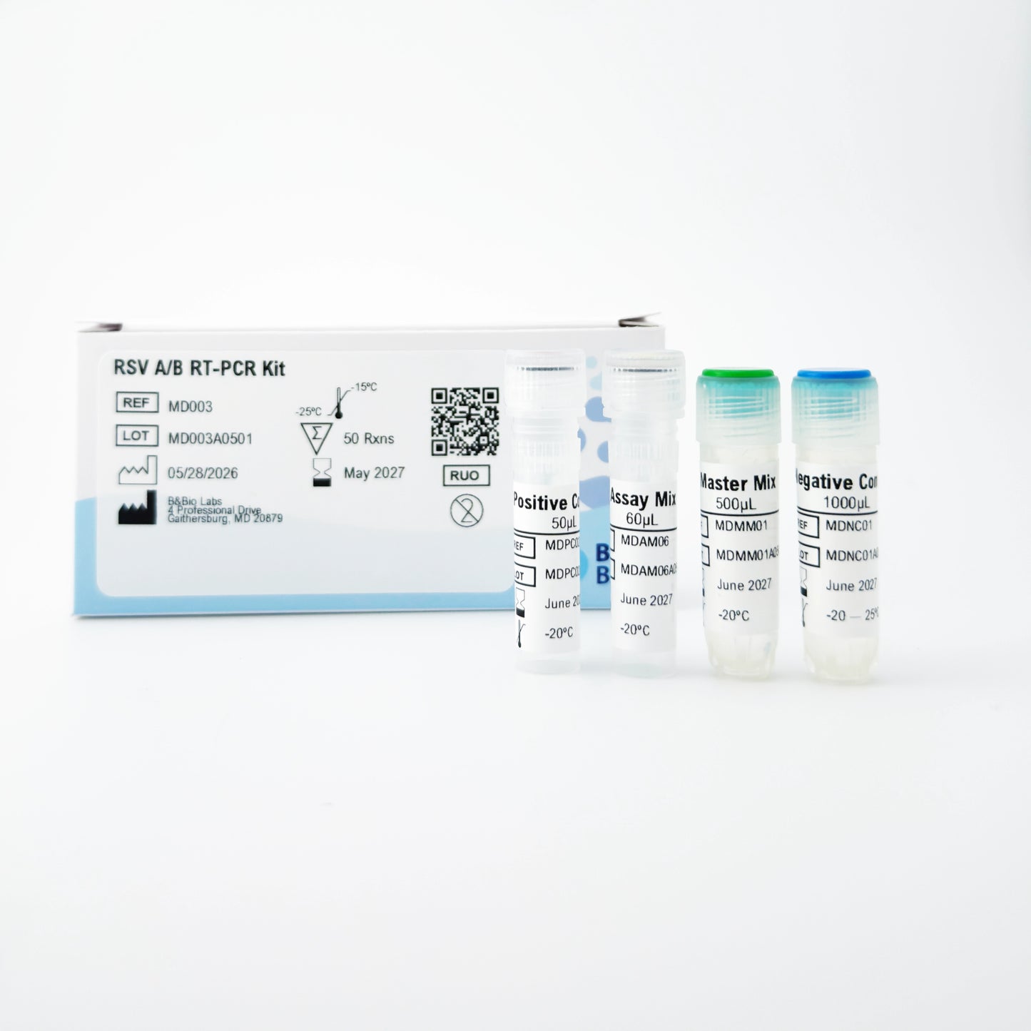 RSV A/B RT-PCR Kit with labeled components on a white background