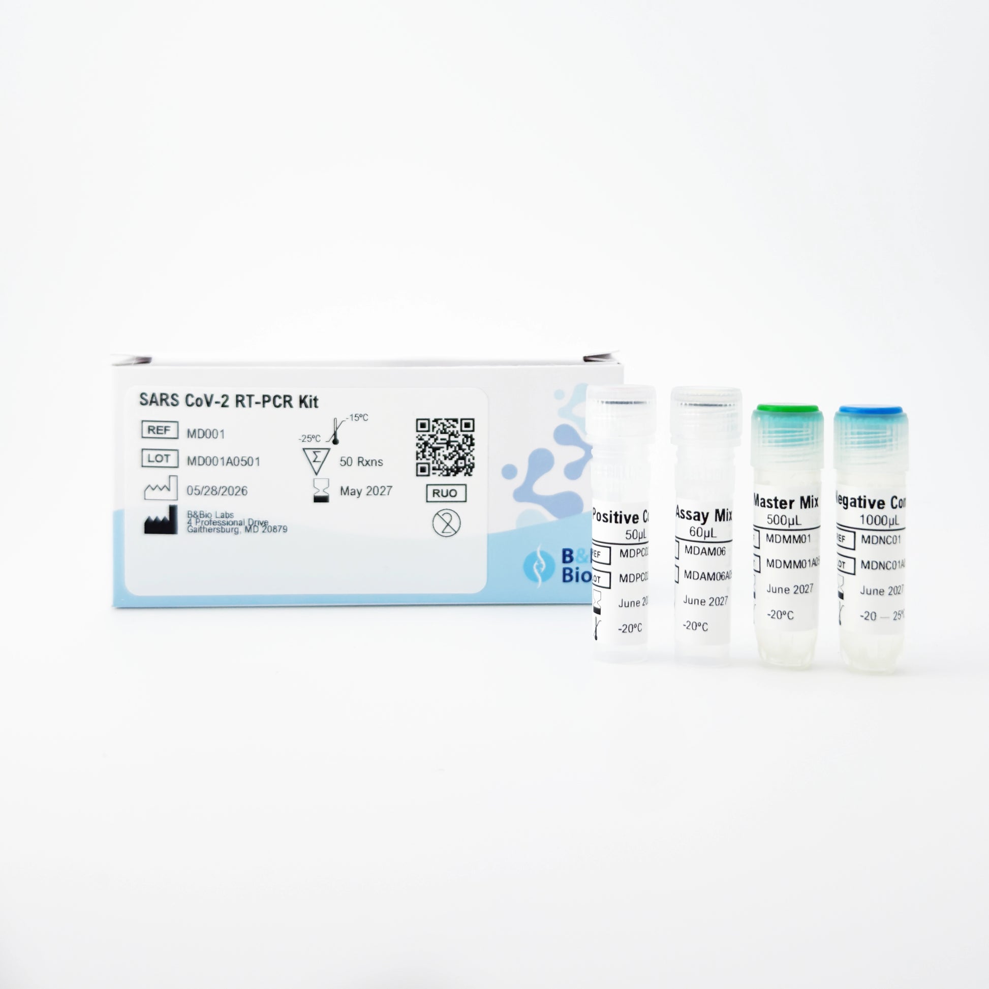 SARS-CoV-2 RT-PCR kit with test tubes on a white background