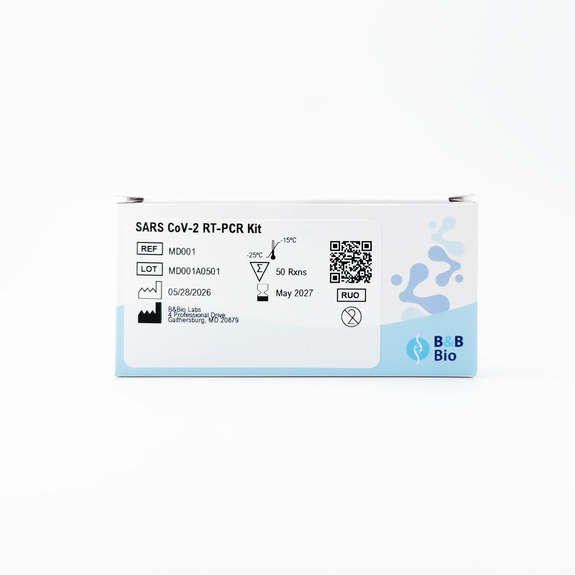 SARS CoV-2 RT-PCR Kit packaging with B&B Bio logo on a white background